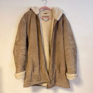 St. John’s Bay Suede Genuine Leather Faux Fur Lined Hooded Jacket Coat Tan XL